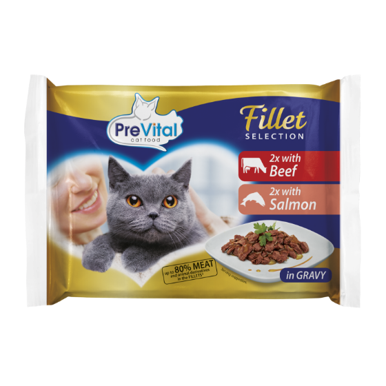 Prevital Cat Food Fillet 2x Beef + 2x Salmon In Gravy 85g